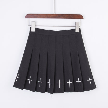 Black High Waist Mini Skirts  Gothic Streetwear Style with Punk Pleated Vintage Skirt, Cross Print, and Lolita Harajuku Vibes for Women