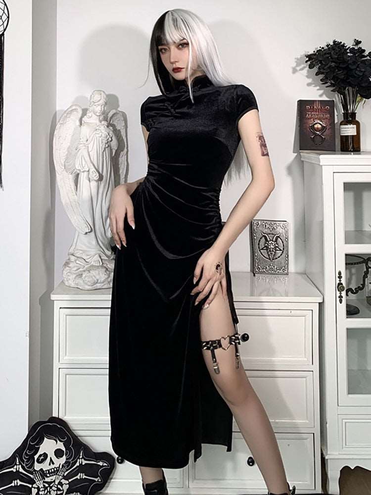 Black SlitHem Bodycon Goth Style Dark Romantic Sexy Evening Dress