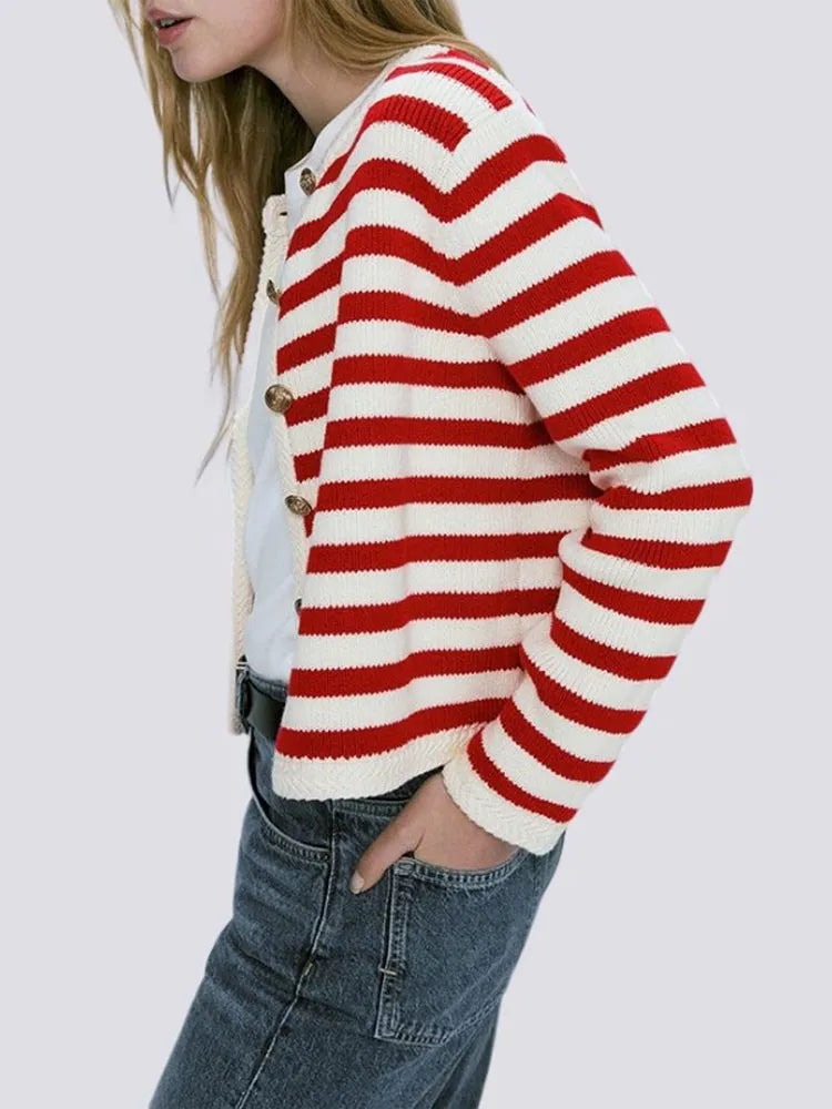 Chic Office Ladies Cardigan Casual Striped O-Neck Outerwear with Long Sleeves and Single-Breasted Design, Perfect for Autumn and Winter Fashion Knitted Sweater