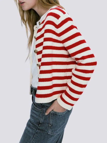 Chic Office Ladies Cardigan Casual Striped O-Neck Outerwear with Long Sleeves and Single-Breasted Design, Perfect for Autumn and Winter Fashion Knitted Sweater