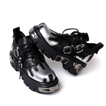 Harajuku Punk Style Women's Lace-up Heel Height 6CM Platform Shoes and Gothic Ankle Boots with Metal Decor Genuine Leather Shoes