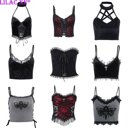 Gothic Cross Print Lace Bodycon Crop Tops Embrace Y2K Aesthetic and Summer Style with Sexy Black and Red Camis for Women and Girls