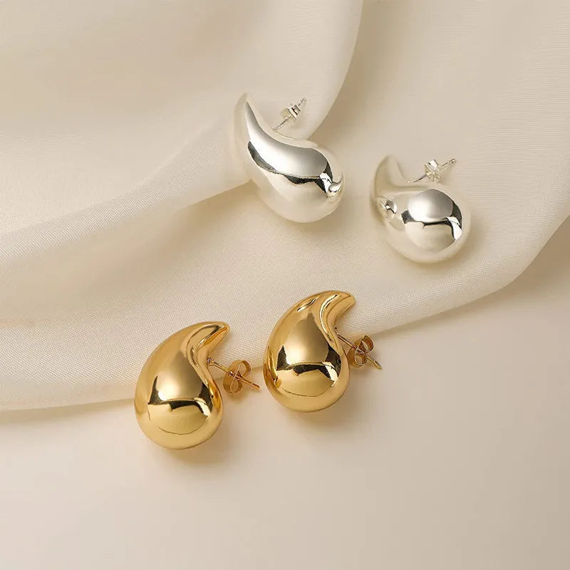 Vintage Gold-Plated Chunky Dome Drop Earrings: Glossy Stainless Steel Thick Teardrop Earrings, Elegant Jewelry for Women