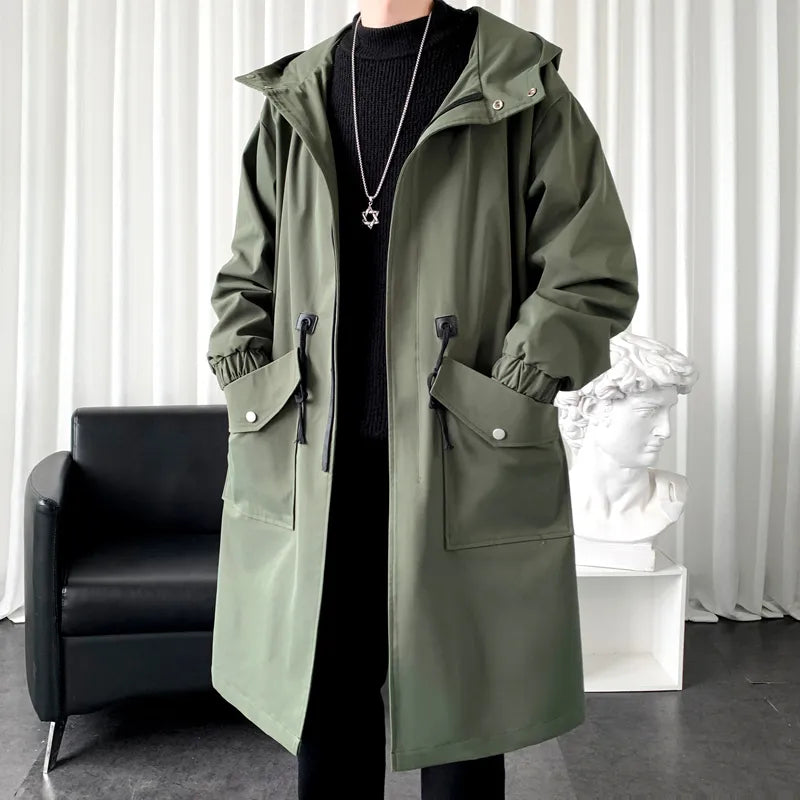 Streetwear Spring Autumn Hooded Trench Coats Men Fashion Windbreaker Long Men's Jacket