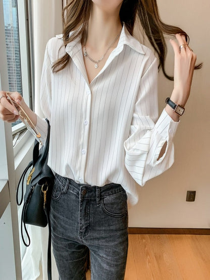 Chiffon Long Sleeve Shirt Tops Woman White Blouse