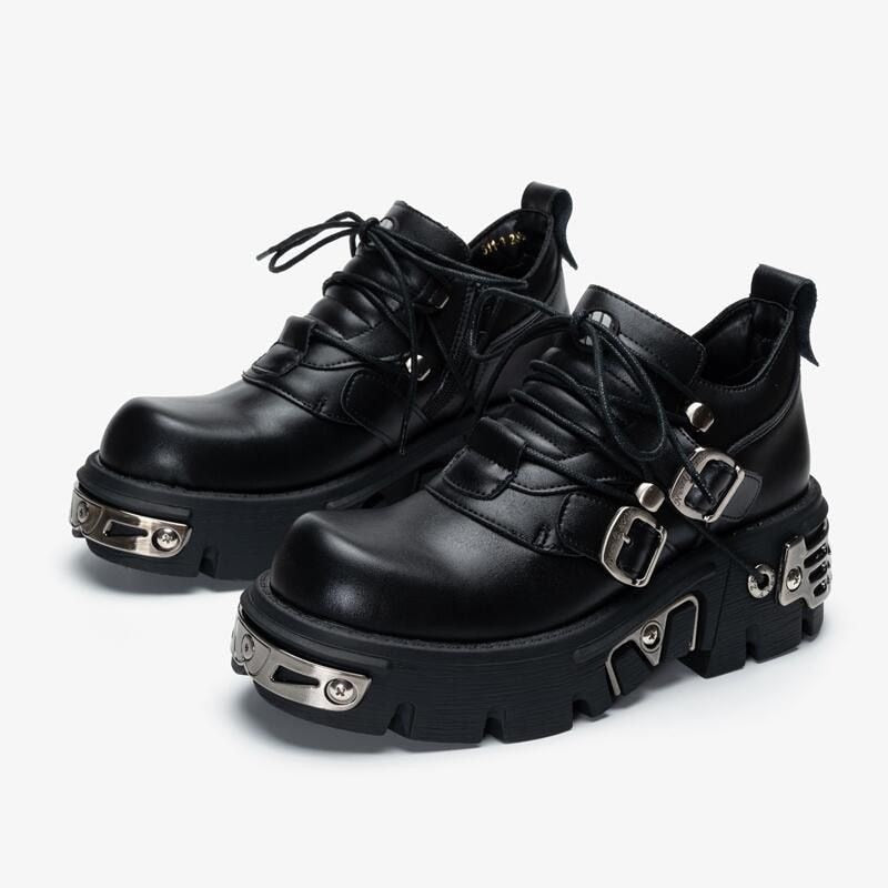 Harajuku Punk Style Women's Lace-up Heel Height 6CM Platform Shoes and Gothic Ankle Boots with Metal Decor Genuine Leather Shoes