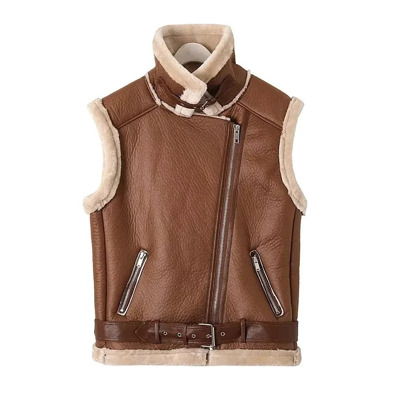 Woman Winter Vest Coat, Cotton Imitation Leather Vests, Sleeveless Jacket, Windproof Casual Warm Trench Coats, Winter Fashion, Women's Outerwea