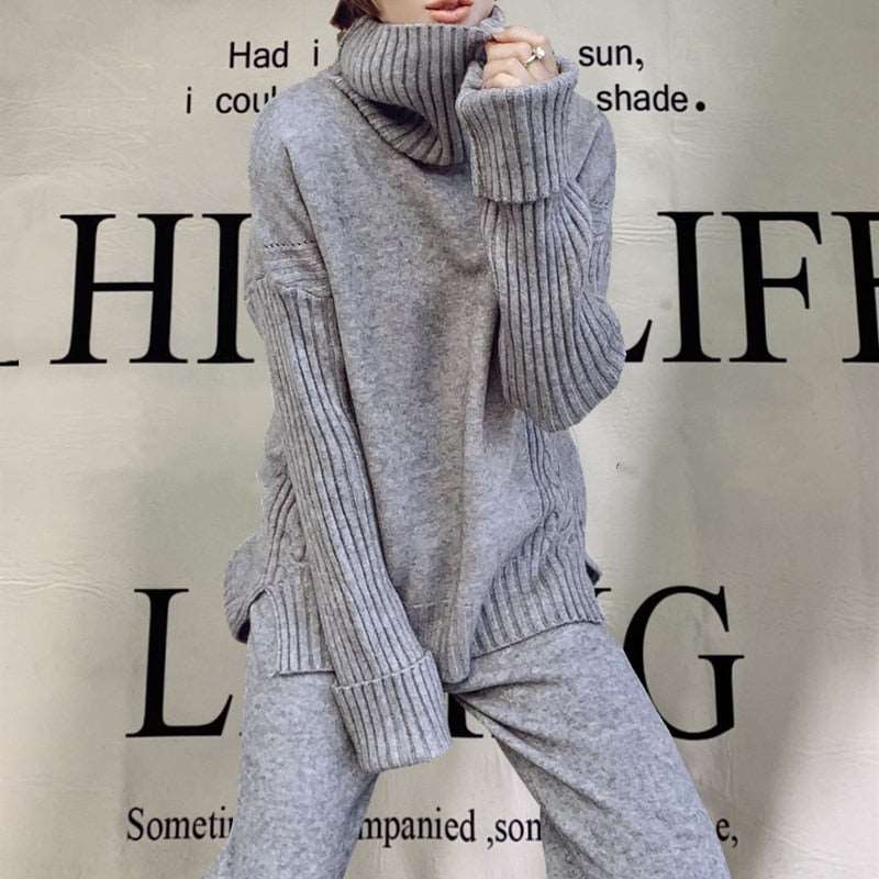 Autumn Winter 2-Piece Women's Knitted Tracksuit - New Turtleneck Sweater and Wide Leg Jogging Pant Pullover Set