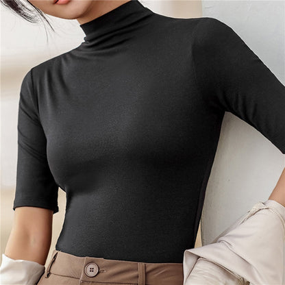 High Street Women's Blouse Half Turtleneck Short Sleeve Slim T-Shirt in Milk Silk