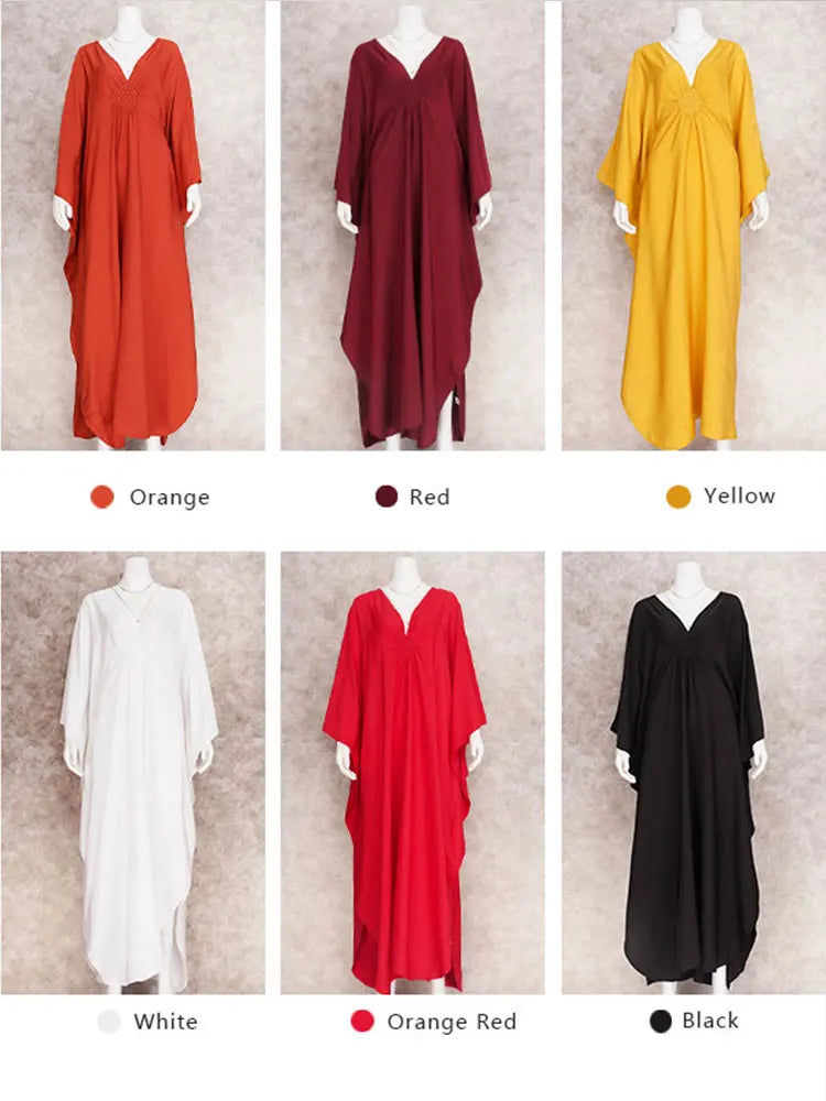 Solid V-neck Batwing Sleeve Plus Size Kaftan Loose Maxi Dopamine Dresses Women Summer Beachwear Bathing Robe Soft House Dress