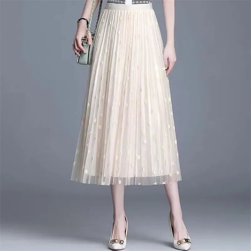 Mid-length All-match High-waist Slimming Flocking Floral Mesh Long Gauze Skirts