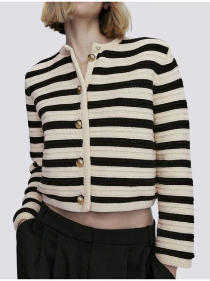 Chic Office Ladies Cardigan Casual Striped O-Neck Outerwear with Long Sleeves and Single-Breasted Design, Perfect for Autumn and Winter Fashion Knitted Sweater