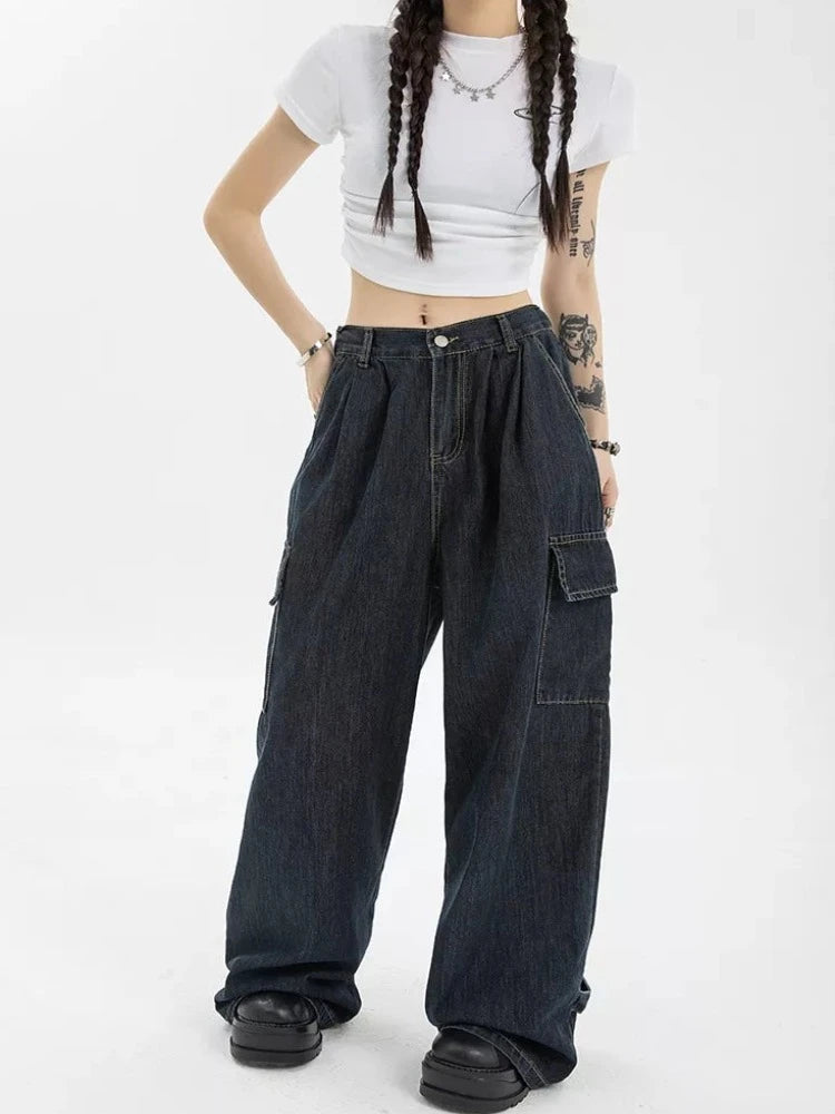 Autumn Women Harajuku Cargo Baggy Blue Jeans Streetwear Hip Hop Oversize Casual Wide Leg Vintage Demin Pants Y2k Loose Trousers