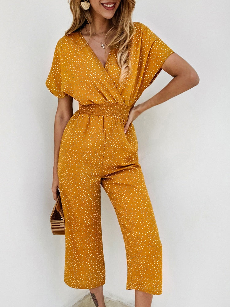 Women Jumpsuits Rompers Summer Casual Print V-neck Pocket Overalls Jumpsuit Short Sleeve Wide Leg Loose Jumpsuit