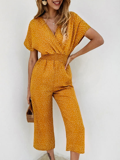 Women Jumpsuits Rompers Summer Casual Print V-neck Pocket Overalls Jumpsuit Short Sleeve Wide Leg Loose Jumpsuit