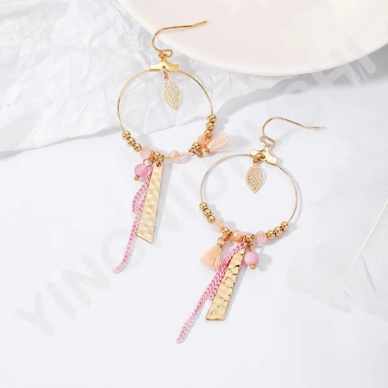 Beaded Round Drop Earrings for Women Crystal Mixed Round Circle Earrings Hollow Cutout Dangle Earrings