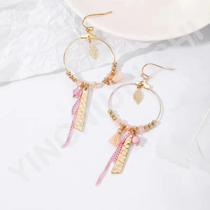 Beaded Round Drop Earrings for Women Crystal Mixed Round Circle Earrings Hollow Cutout Dangle Earrings