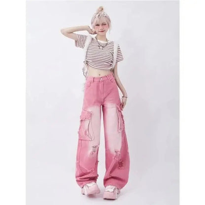 spicy style ripped pink jeans for women fashionable high-waisted loose slimming straight pants