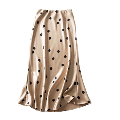 Summer High-waisted Skirt Womens 2023 Vintage Zipper Dots Satin Silk A-line Long Skirts Office Lady Champagne Slim Women Skirt