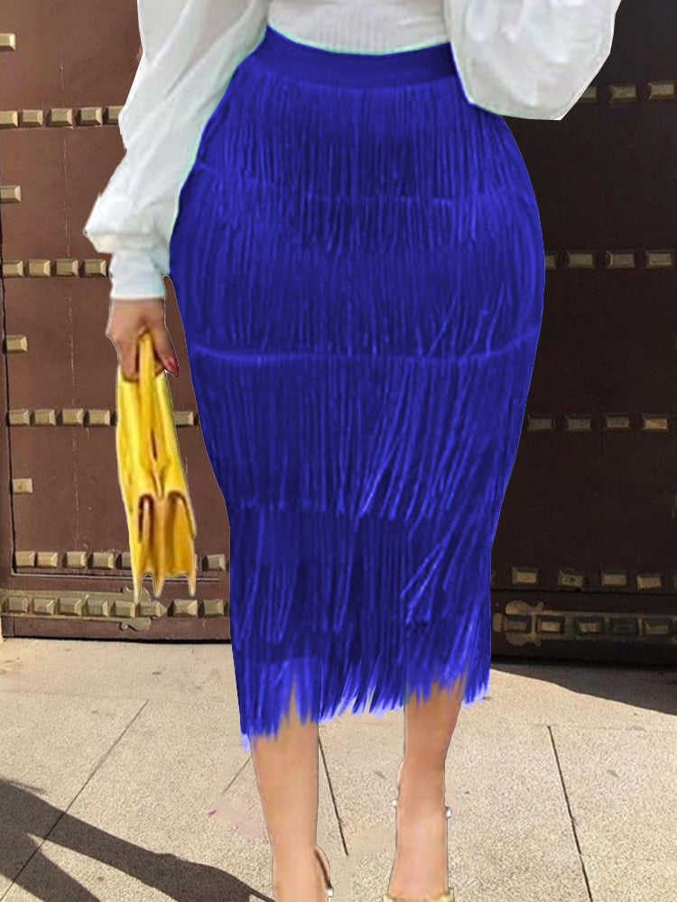 Women Fringe Bodycon Pencil Skirts Black Tassel High Waist Stretch Sheath Midi Length Ladies Slim Elegant Saias faldas Big Size