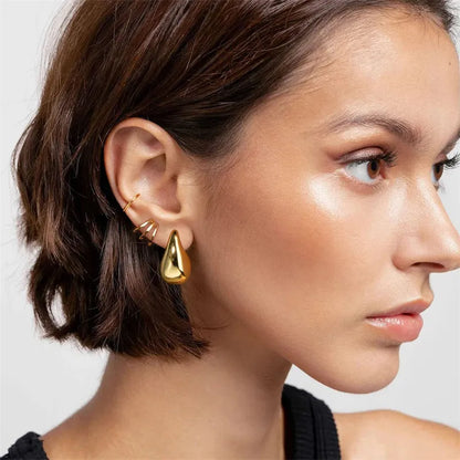 Vintage Gold-Plated Chunky Dome Drop Earrings: Glossy Stainless Steel Thick Teardrop Earrings, Elegant Jewelry for Women