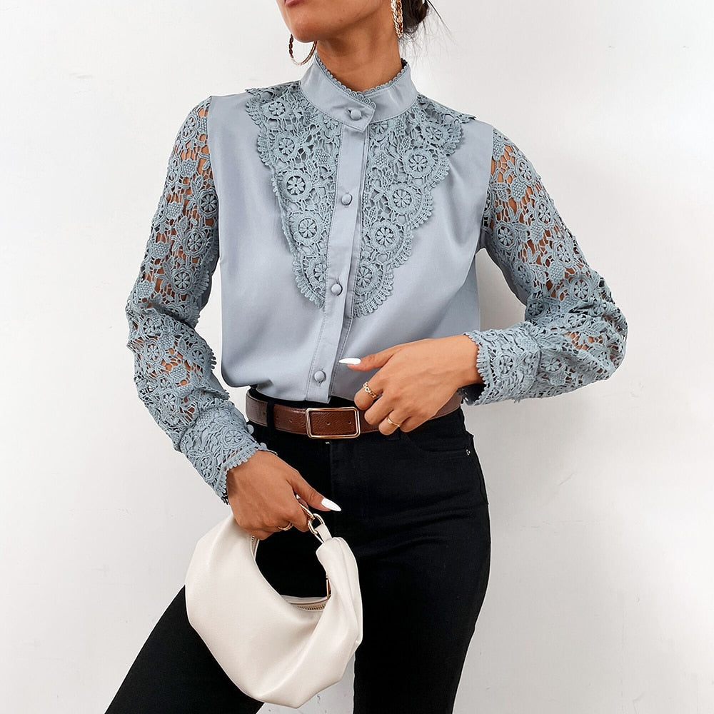 Lace Patchwork Hollow Out Shirt Blouse Long Sleeve O-Neck Mesh Tops 2023