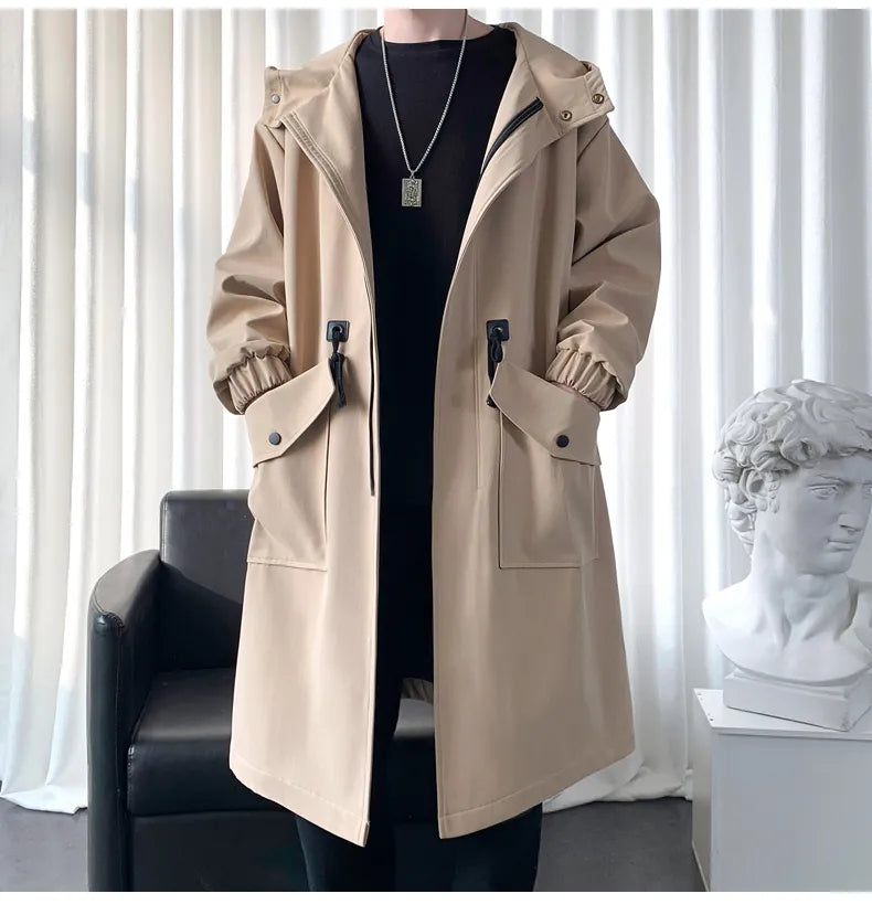 Streetwear Spring Autumn Hooded Trench Coats Men Fashion Windbreaker Long Men's Jacket