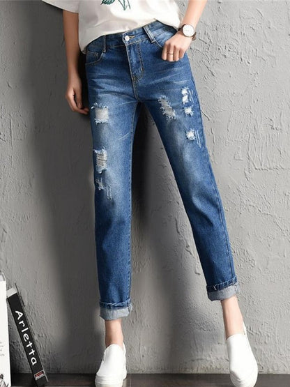 Trendy and Sexy  Women Fashion Mid Waist Boyfriend Big Ripped Hole Jeans - Casual High Street Denim Pants for Vintage Style