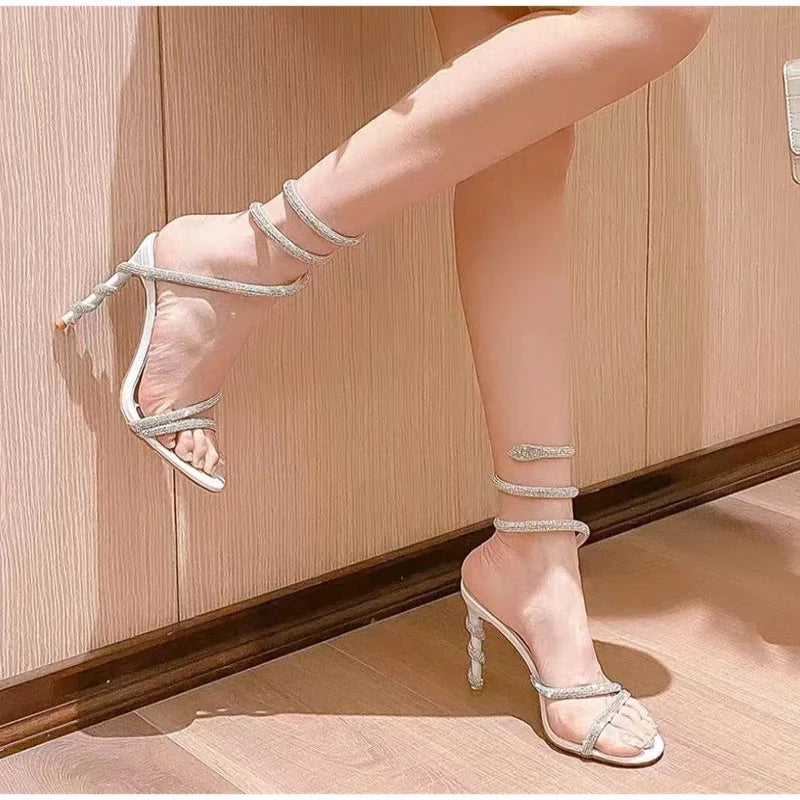 Lace up High Heel Sandal Star style Luxury Crystal Snake Coiled Women Sandals Sexy Stiletto High heels Gladiator Sandals Summer Fashion Party Prom Shoes