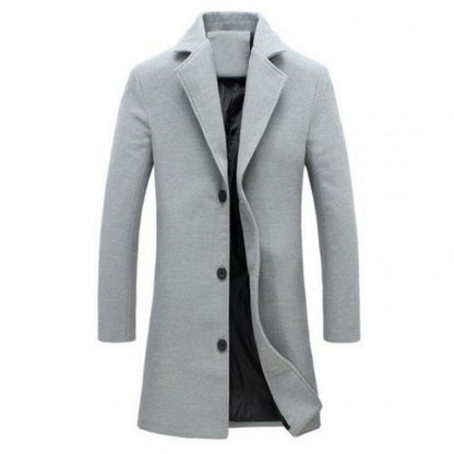 Autumn Winter Men's Fashion Solid Color Single-Breasted Lapel Long Woollen Coat Jacket