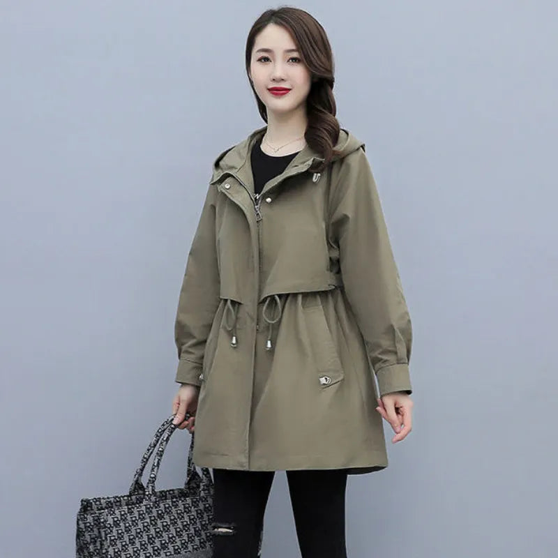 Spring and Autumn Women's Mid-length Trench Coat Hooded Zipper, British Style Loose Coats. Women's Clothing with Tie-In Jackets