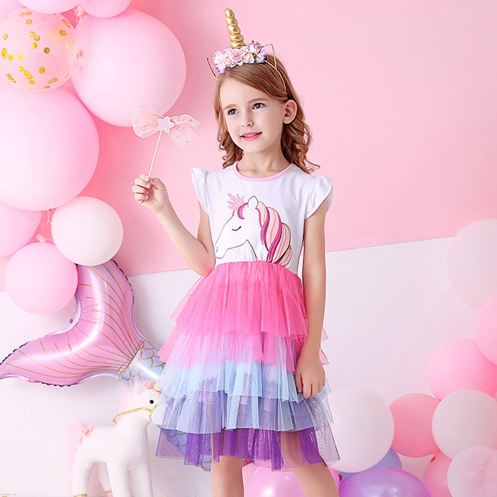 Girls Clothes for Summer Princess Dresses Kids Flare Sleeve Unicorn Print Dress Girls Party Dresses