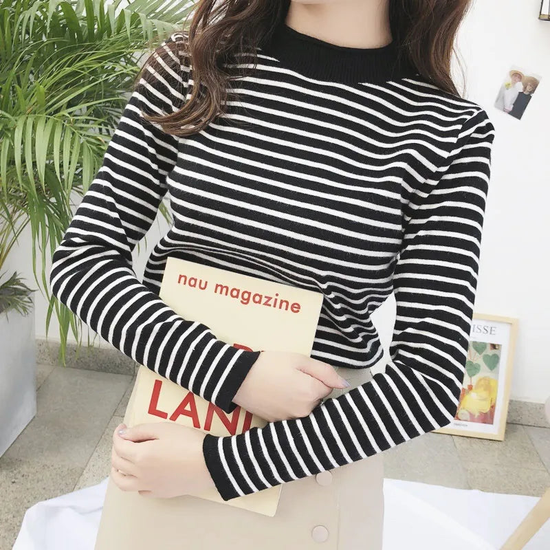 Women Striped Mock O Neck Sweaters Slim Elastic Long Sleeve Casual Pullovers Knitted Warm Tops For Women 2023 Autumn Winter