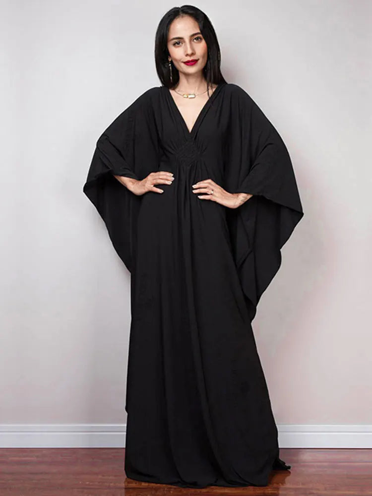 Solid V-neck Batwing Sleeve Plus Size Kaftan Loose Maxi Dopamine Dresses Women Summer Beachwear Bathing Robe Soft House Dress