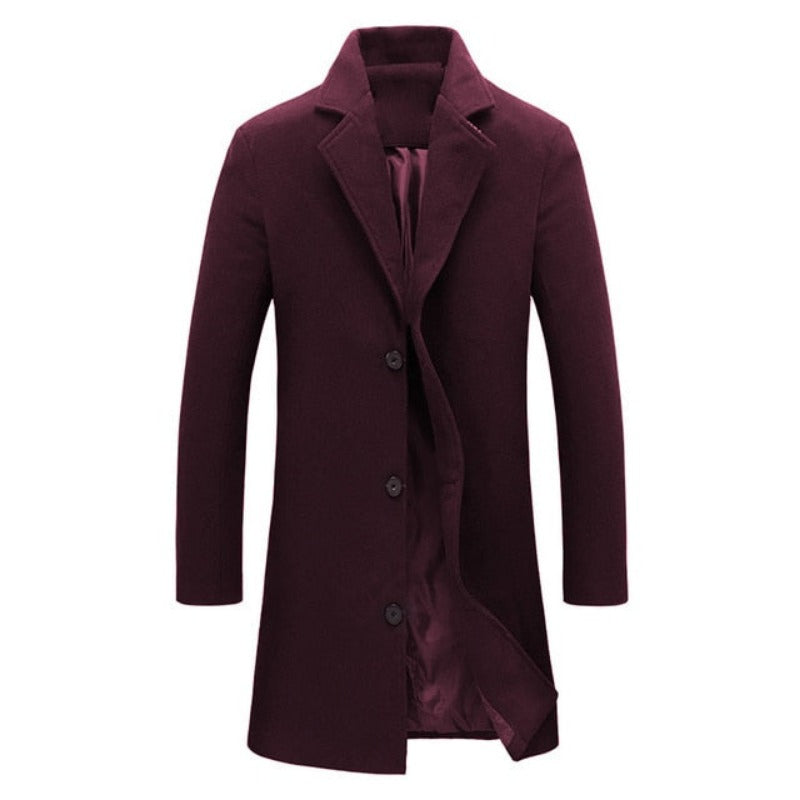 Autumn Winter Men's Fashion Solid Color Single-Breasted Lapel Long Woollen Coat Jacket