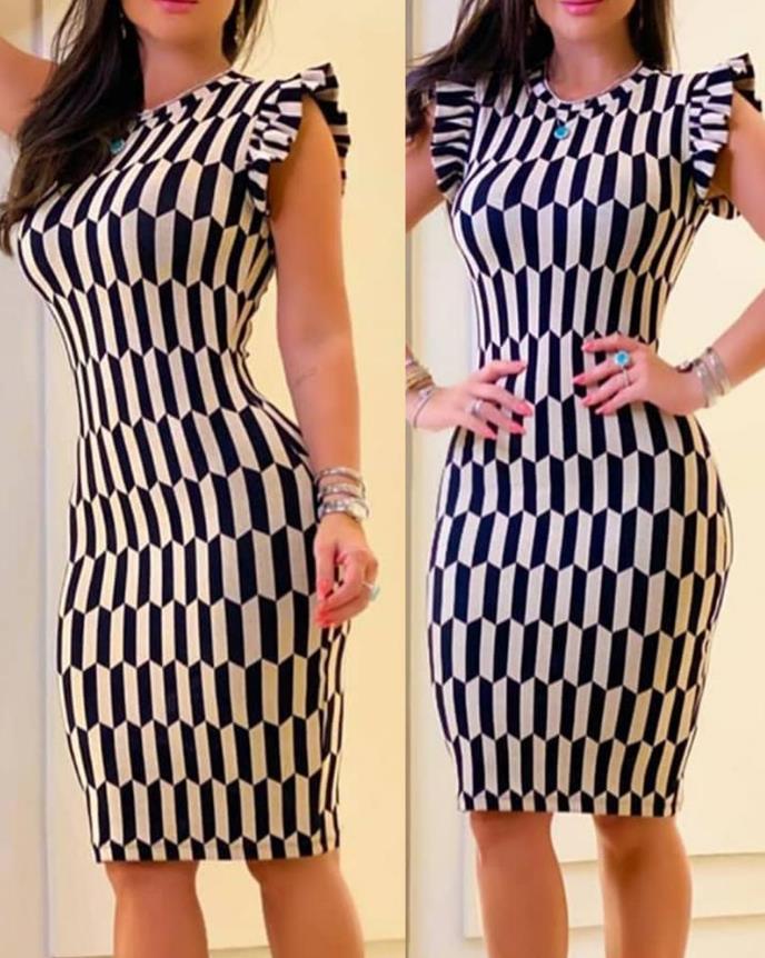 Elegant Women's Dresses Summer Fashion, All-Over Print, Flutter Sleeve, Casual O-Neck, Skinny Midi Work Pencil Dress