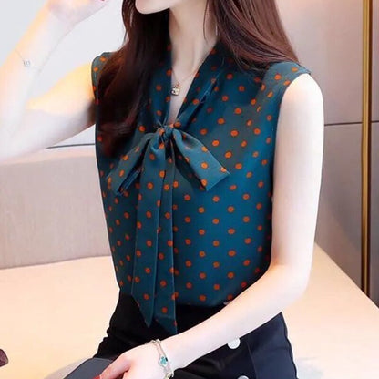 Summer Korean Elegant Stand Collar Vintage Plaid Printed Bow Lacing Chiffon Shirt Women Loose Casual Sleeveless Blouse Lady Top