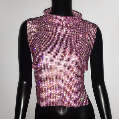 Sexy Rhinestone Glitter Turtleneck T-Shirt Women Backless Party Crop Top  Adjustable Metal Chain Diamond Tank Top Summer Nightclub