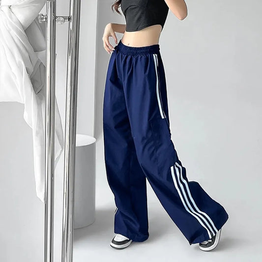  Women Hip Hop Streetwear Baggy Wide Leg Cargo Pants Bf Y2K High Waist Drawstring Joggers Trousers Striped