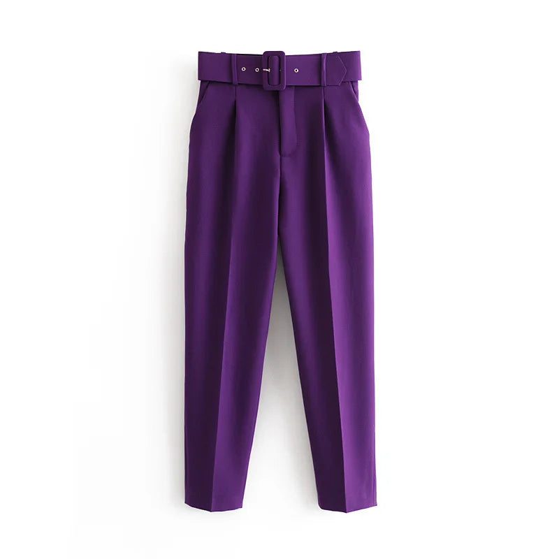 2005 New Spring Fall Solid Color High-waisted Straight Career Commuter  Pants Women's, Multi-color Casual Female Pants with Belt