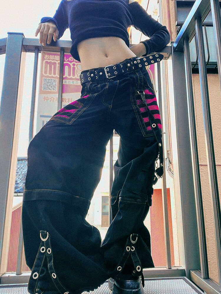 Gothic Chain Bandage Wide Leg Pants Women Oversize Low Rise Dark Academic Trousers Streetwear 90s Baggy Pant Punk Style