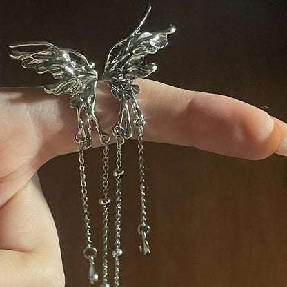 Fashion Silver Color Metal Angel Wings Tassels Harajuku Style Ear Clips Earings Liquid Metal Butterfly Long Ear Cuff For Women Trendy Jewellery