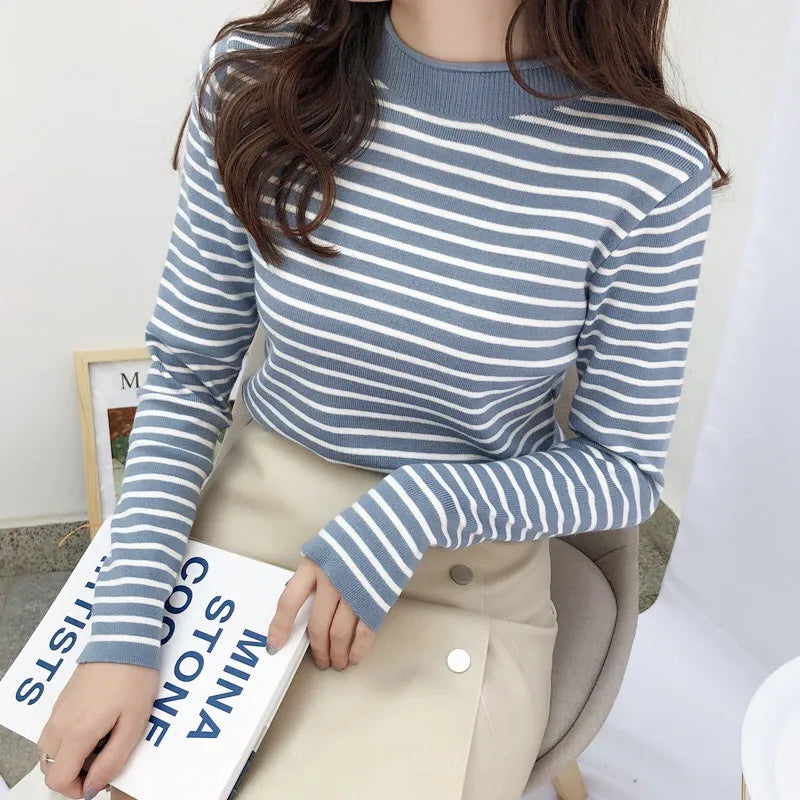 Women Striped Mock O Neck Sweaters Slim Elastic Long Sleeve Casual Pullovers Knitted Warm Tops For Women 2023 Autumn Winter