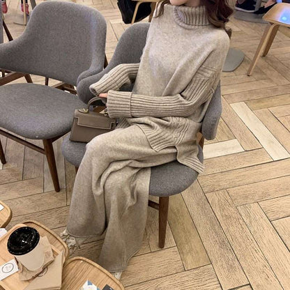 Autumn Winter 2-Piece Women's Knitted Tracksuit - New Turtleneck Sweater and Wide Leg Jogging Pant Pullover Set