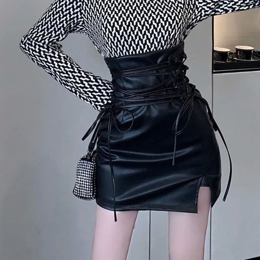Gothic-Inspired Black Leather Mini Skirt High-Waisted, Slim Fit, Lace-Up Pencil Style