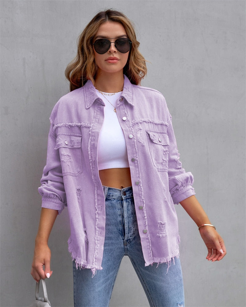 Holes Raw-edges Denim Jacket Women Spring Autumn Shirt Style Jeancoat Casual Top Rose-Red Orange Purple Outerwear Lady Coat