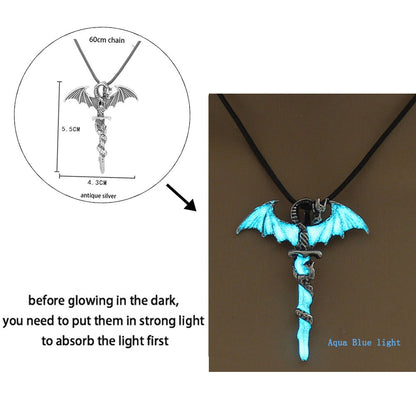 Luminous Dragon Necklace Glowing Night Fluorescence Antique Harajuku Style Silver Plated Glow In The Dark Necklace for Men Women Party Hallowen