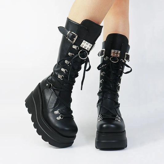 Gothic Style Platform Vampire Cosplay Women Mid-calf Boots Autumn Wedges Comfortable Woman Motorcycle Boots Shoes Plus Size