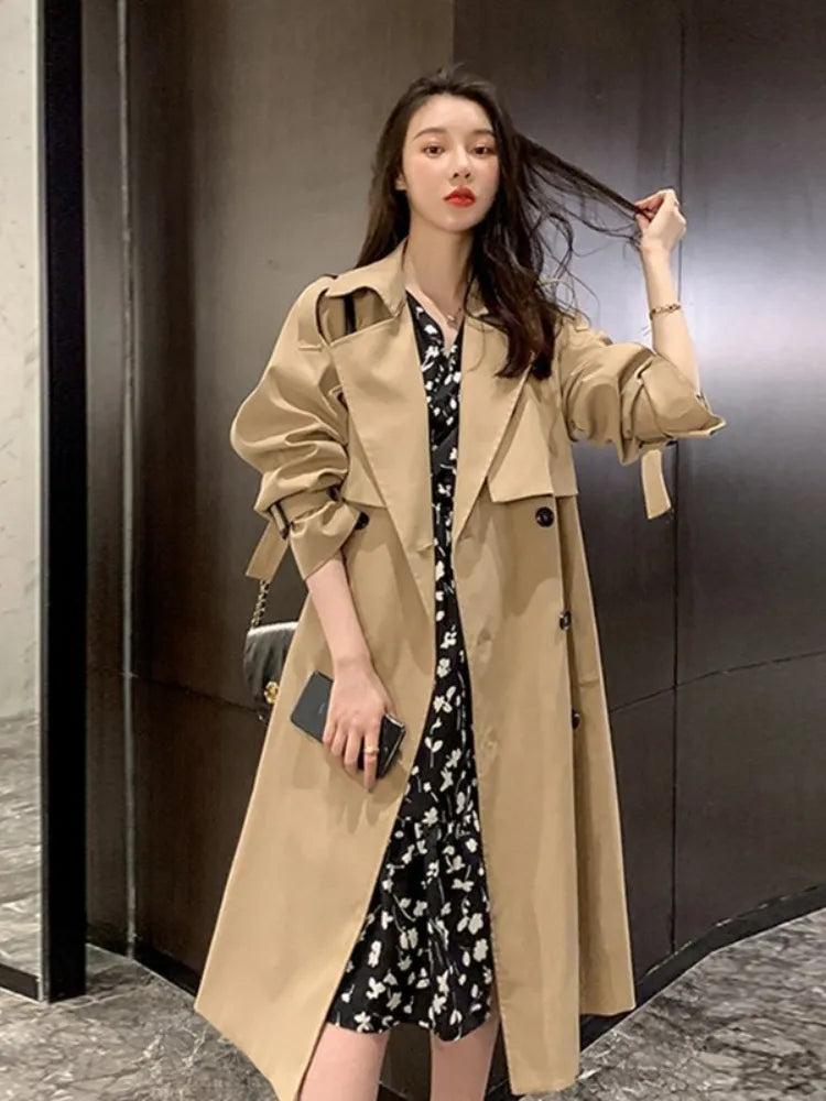 Winter Women's Clothes Solid Lapels, Double-Row Buttons, Long Windbreaker Work Jacket Trench Coat Tops and Overcoat for Women