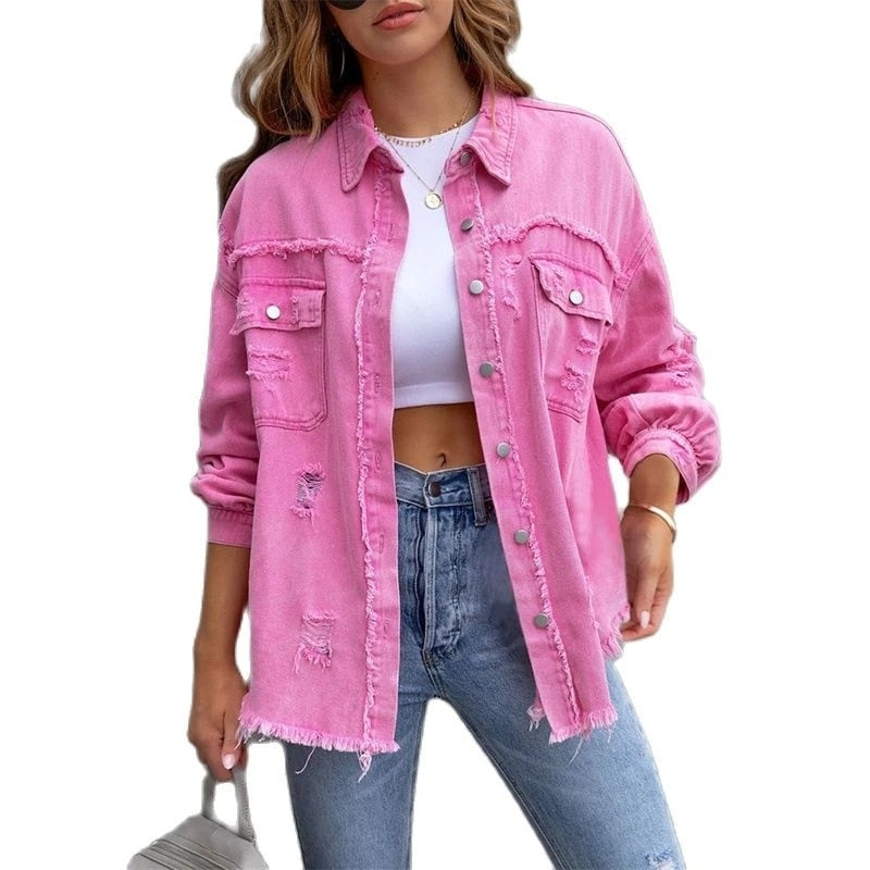 Holes Raw-edges Denim Jacket Women Spring Autumn Shirt Style Jeancoat Casual Top Rose-Red Orange Purple Outerwear Lady Coat